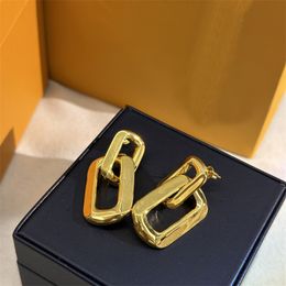 Luxury Brand Square Double Ring Ear Stud Fashion Gold Glossy Earrings For Women Men Symmetrical Stud Embossing Seal Pendant Earring