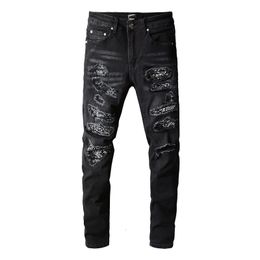 Men's Jeans Black Distressed Slim Fit Streetwear Style Colorful Bandanna Patchwork Skinny Stretch Holes High Street Ripped 230330