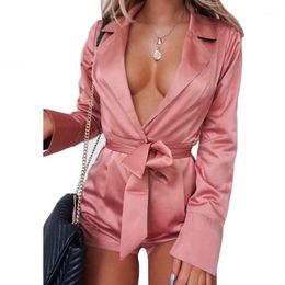 Women's Jumpsuits & Rompers Women Romper Clothes Summer Fall Belted Slim Mini Playsuit Fashion Solid Long Sleeve Deep V-neck Club Overall