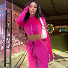 Women's Two Piece Pants Zoctuo Autumn Velvet Zipper Neon Sexy Y2K Clothes 2 Pieces Long Sleeve Crop Top High Waist Skinny Matching Set Club