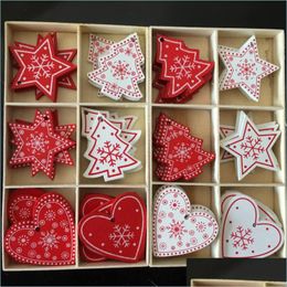 Christmas Decorations White Red Tree Ornament Wooden Hanging Pendants Angel Snow Bell Elk Star For Home Drop Delivery Garden Festive Dhxm8