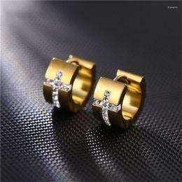 Hoop Earrings 1pcs 316L Stainless Steel Fashion Punk Hip Hop Crystal Cross For Women Men Party Jewellery Gift E691