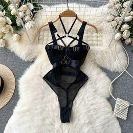 Nxy Sexy Hollow Out Playsuits Female Strap Transparent Thin Slim Jumpsuits Summer Mesh Lace Halter Club Bodysuits 230328