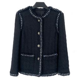 Spring Contrast Trim Weave Wool Tweed Jacket Black Long Sleeve Round Neck Pockets Single-Breasted Jackets Coat Short Outwear A2N086409