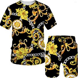 Men's T Shirts Men Retro Luxury Golden Chain Pattern Printed Short-Sleeve Tees/Suits Baroque Style Oversize High End Male Shirt Tracksuit