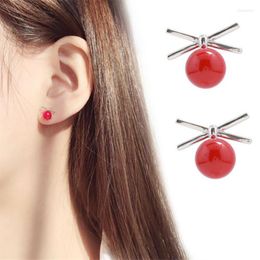 Stud Earrings EM154 Cute Bow Tie Cross Imitation Pearl Red Bean Earring Women Silver Plated Jewellery Wholesale