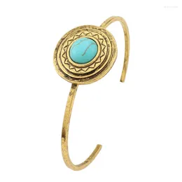 Bangle Light Yellow Gold Colour Alloy Sun With Green Turquoises Stone Cuff Vintage Style Jewellery
