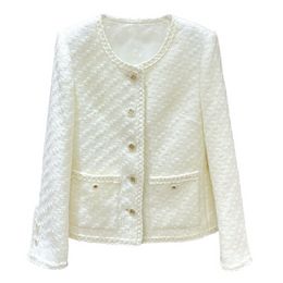 Spring Ivory Solid Colour Contrast Trim Tweed Jacket Long Sleeve Round Neck Pockets Single-Breasted Jackets Coat Short Outwear A2N086301