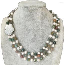 Chains 17-19 Inches Three Rows 8-9mm Natural Round Freshwater Pearl And India Agate Beads Necklace With Shell Flower Clasp