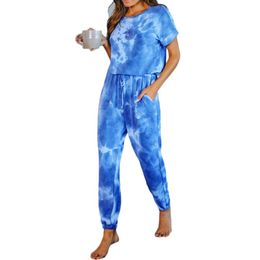 Women's Jumpsuits & Rompers Colours Cool Party Clubwear Die Dye Womens Printed Loose Jumpsuit Female Summer Short Sleeve Pencil Long Pants S-