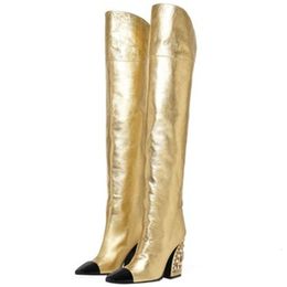 Stiefel Damen Gold Elastisch Das Knie Mode Herbst Winter Hoch Botas Keilabsatz Booster 's 230330