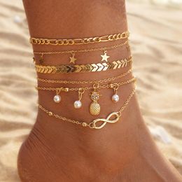 Anklets KISSWIFE 5PCS Retro Pearl Ananas Infinity Anklet Bracelet Set Bohemia Foot Beach Women Fashion Barefoot Chain Jewelry