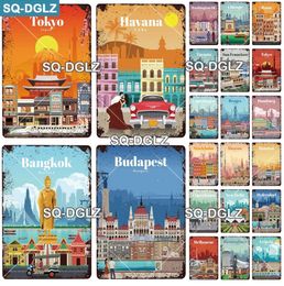 City Landscape Art Painting Metal Sign Plaque Retro Cityscape Poster Decor For Club Bar Man Cave Home Wall Decor Art Painting Plate 30X20cm W03