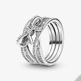 Sparkling Ribbon and Bow Rings for Pandora Real Sterling Silver Wedding Party Ring Set For Women Girlfriend Gift CZ Diamond Band ring with Original Box