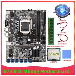 Decorative Figurines B75 BTC Mining Motherboard 12 PCIE To USB LGA1155 DDR3 4GB 1600Mhz RAM G1620 CPU SATA Cable ETH Miner