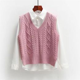 Women's Vests Women's Pink Tank Top Solid Short Sleeve Loose Korean Sleeveless Sweater V-Neck Full Matching Women's Coat Simple Casual Knitted Coat 230330