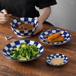 Bowls Japanese Creative Lattice Ceramic Tableware Rice Bowl Lamian Noodles Dish Household Underglaze Colour Set