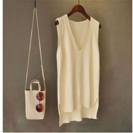 Women's Vests Women's Sweater Korean Fashion Women's Clothing V-Neck Knitted Tank Top Loose Medium Length Sweater Women's Basic Top Pulled Up Hiver 230330