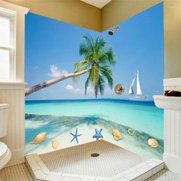 Wallpapers Modern Simple 3D Beach Coconut Palm Mural Wallpaper Bathroom Background Wall Sticker PVC Waterproof Self Adhesive Roll