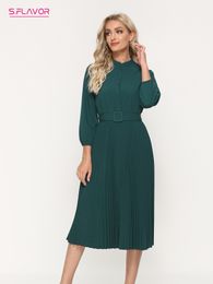 Casual Dresses S FLAVOR Green Solid Standing Neck Lace up Women's Work Wear Elegant 3/4 Sleeve A-line Midi Vesidos 230330