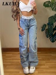 Women's Jeans Aesthetic Vintage Cargo Women's Pants Y2K High Waist Straight Pocket Jeans Casual chic Fake Zip Pockets Women's Trousers 230330