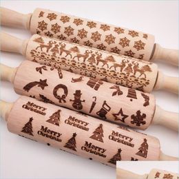 Rolling Pins Pastry Boards Christmas Embossed Pin Engraved Carved Wood Baking Cookies Biscuit Fondant Cake Dough Roller Reindeer S Dh5Oy