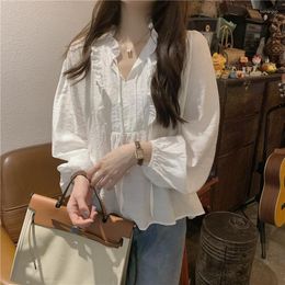 Women's Blouses Korean Style Ruffles V-neck Women Oversize Loose White Long Sleeve Top Lace Up Skirt Hem Sweet Shirts Female Clothing