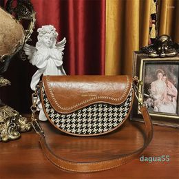 Evening Bags Genuine Leather Houndstooth Contrast Saddle Handbag Women's Bag 2023 Purse Single Shoulder Satchels Quality Designer Purses