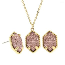Necklace Earrings Set Wholesale 6 Lot Gold Color Small Iridescent Drusy Pendant With Stud Chic