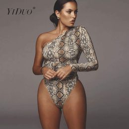 Womens Jumpsuits Rompers YiDuo One Shoulder Fashion Snake Print Sexy Bodysuits Short Romper Jumpsuit Slim Long Sleeve Female Leopard Body Mujer 230329