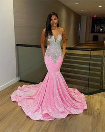 Pink Sequin Mermaid Prom Dresses For Black Girl Sparkly Sier Beaded V Neck Evening Party Gowns Vestidos De Novia