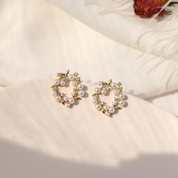 Stud Earrings Lovelink Korean Style White Pearl Flower Round For Girl Gold Colour Hollow Out Circle Women Fine Jewellery