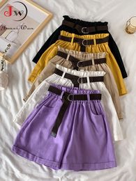 Women's Shorts Summer Elegant High Waist Women Casual Solid Wide Leg Loose Cotton Short Pants With Belt Korean Sweet Girls 230329