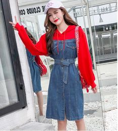 Casual Dresses Women Hooded Denim Dress Autumn Streetwear Cotton Jeans Patchwork Hoodie Single Button Plus Size 3XL Belt