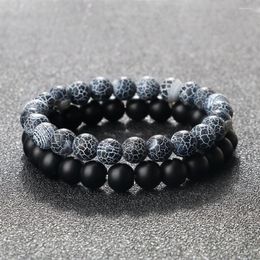 Strand 2 Pcs Matte Black Beaded Bracelet For Men And Women Nature Weathered Granite Suit Stretch Bracelets & Bangles Charm Jewelry Gift