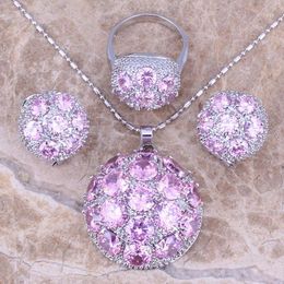 Necklace Earrings Set Gallant Pink Cubic Zirconia Silver Plated Pendant Ring Size 6 / 7 8 9 10 S0024