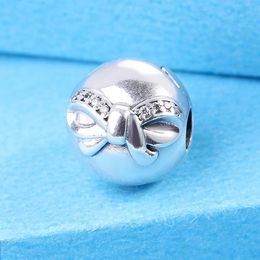 925 Sterling Silver Dainty Bow Clip Charm With Clear Cz Bead Fits European Jewellery Pandora Style Charm Bracelets