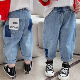 16135 Spring Summer Kids Jeans Elastic Waist Letters Loose Denim Pants Children Girl Boys Denim Pants Trousers