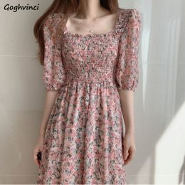 Casual Dresses S-3XL Flower Chiffon Dress Women's Sweet Puff Sleeves Empire Retro Fairy Ultra Thin Square Neck Visteado Pink Temperature Elegant chic 230330