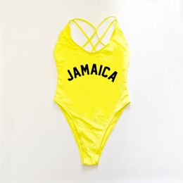 Women's Swimwear Plus Size Swimwear JAMAICA Letter Print Swimwear Women's High Cut Cross Back Swimwear Beach Suit monokini Bikini 230329