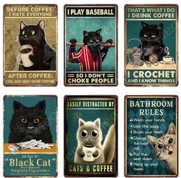 Funny Cat Metal Tin Sign Vintage Poster Home Coffee Bar Wall Decoration Plate Retro Black Cat Bathroom Rule Art Painting Plate 30X20cm W03