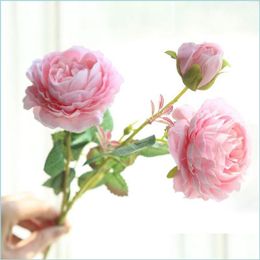 Decorative Flowers Wreaths Artificial Western Rose 3 Head Peony Party Home Decor Silk Materials Flower Fake Drop Delivery Dh3Ka