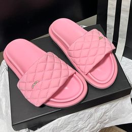 Womens Platform Heels Slippers Designer Quilted Texture Slip On Sandals Ladies Slides Classic Fuchsia Pink Green Mule Luxury Rubber Sole Non-slip Outdoor Shoe