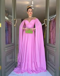 Pink Evening Dresses Off Shoulder Cap Sleeves A-Line Chiffon Long Arabic Prom Gowns