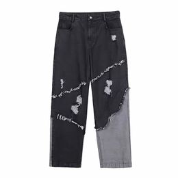 Men's Jeans Tassel Black Baggy Straight Wide Leg Cargo Pants Man Streetwear Harajuku Style Vintage Washed Ripped Denim Trousers 230330