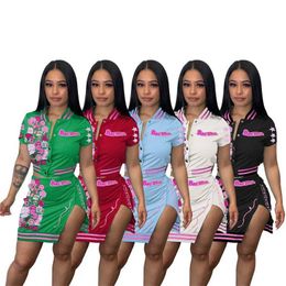 2023 New Women Clothing Tracksuits mini skirts Stand Neck Two Piece Outfits Button Threaded Printing Personalised Dress Set