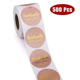 500pcs/roll Handmade With Love Kraft Paper Stickers 25mm Pink Round Adhesive Labels Baking Wedding Party gift Decoration Sticker