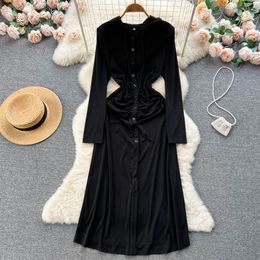 New Casual Casual Dresses Spring Autumn Solid Slim Full Button Lady Dress A Line V Neck Chiffon Single Breasted Women Dresses 2023