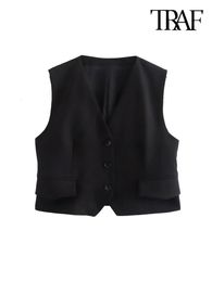 Women's Vests TRAF Women's Fashion Front Button Linen Waistcoat Retro Sleeveless False Flap Pocket Women's Coat Fashion Top 230330