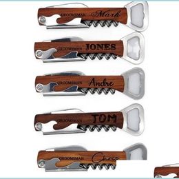 Openers Personalized Party Favor Custom Engraved Wood Wine Corkscrew Beer Bottle Opener Gifts For Guests Drop Delivery Home Dh4O6